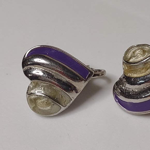 Purple And Silver Tone Vintage Heart Clip On Earrings - Picture 3 of 14
